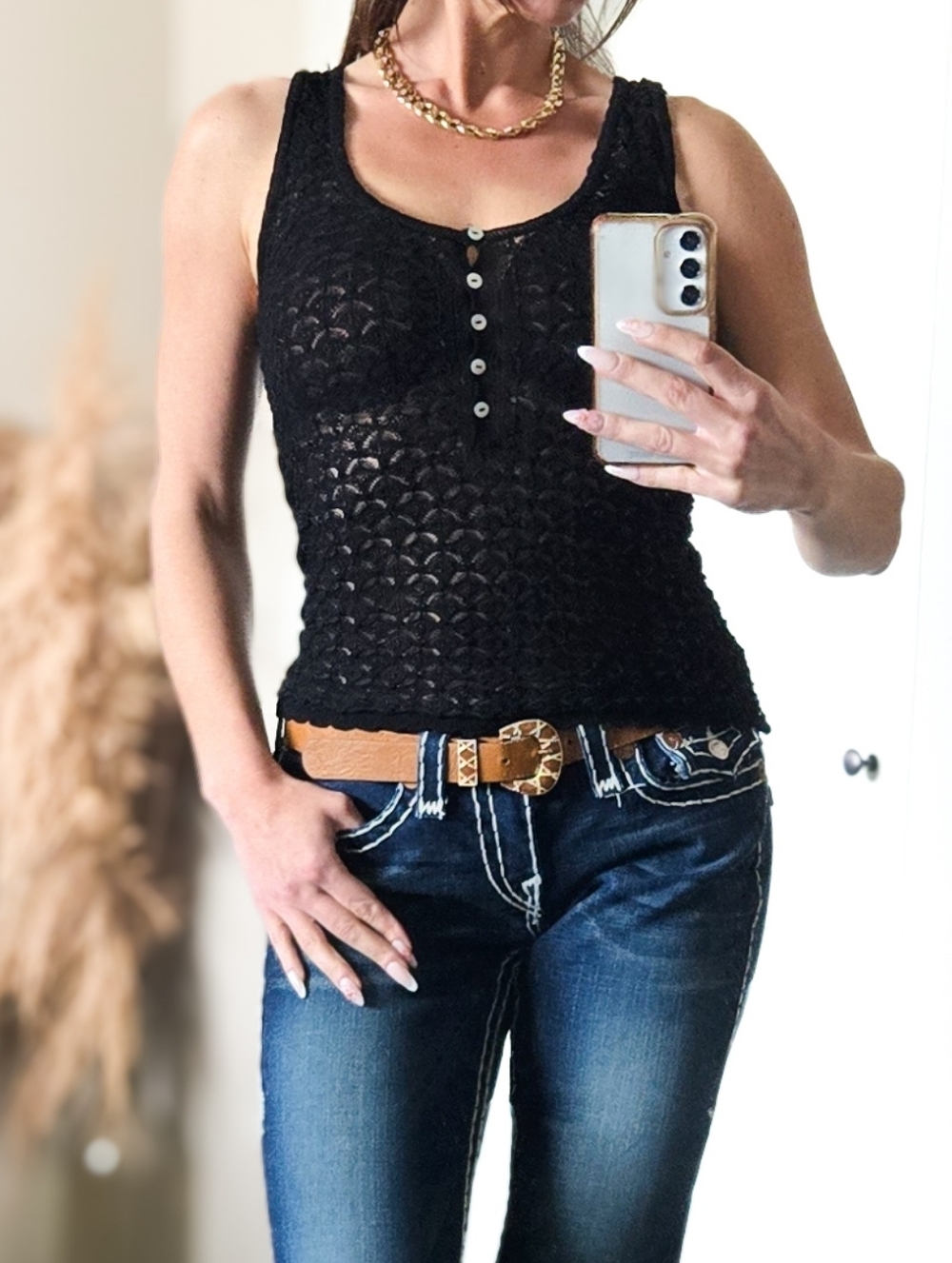 ZARA Black Crochet Lace Tank Top Button Front Sheer Knit Boho Y2K Size S